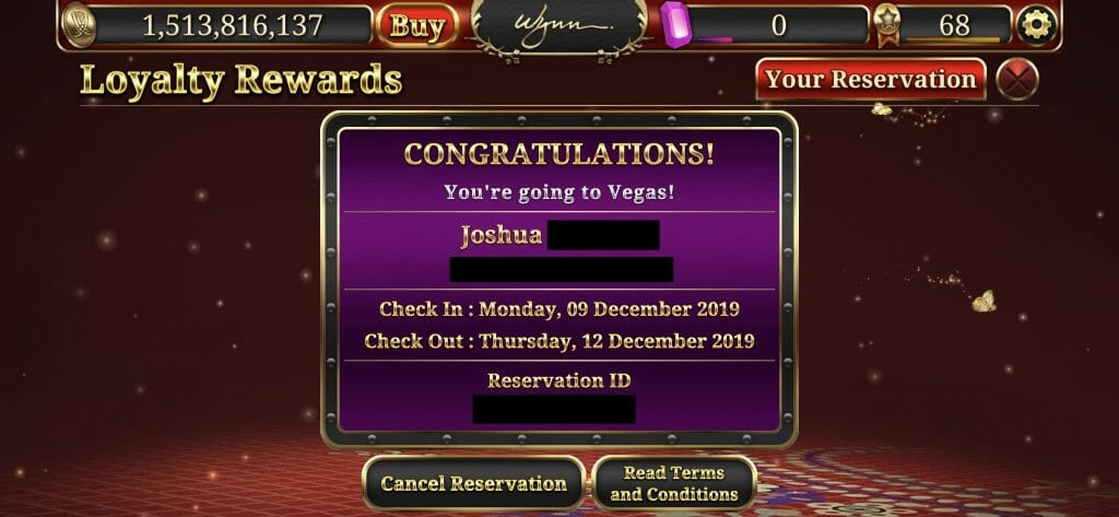 Wynn Slots comp room reservation confirmation