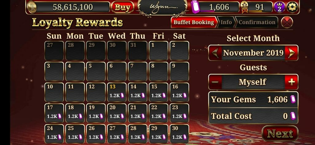 Wynn Slots buffet calendar